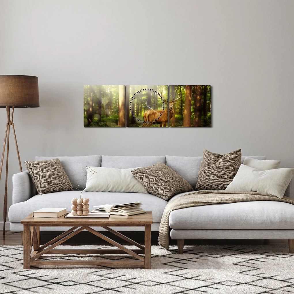 Obraz jeleňa v lese (s hodinami) (90x30 cm)