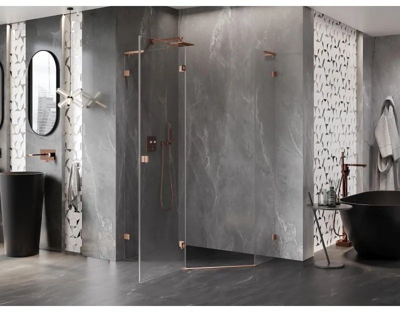 Mexen Lunar, L päťuholníkový sprchový kút naklápací doľava 100 x 80 cm, 8mm číre sklo, profil medená matná, 831L-100L-080P-65-00-L