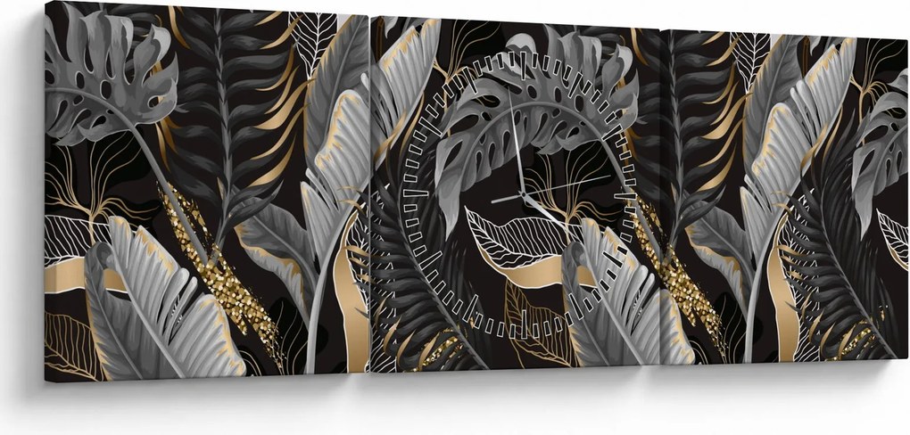 Obraz - Tropické listy v čierno-zlatej (s hodinami) (90x30 cm)