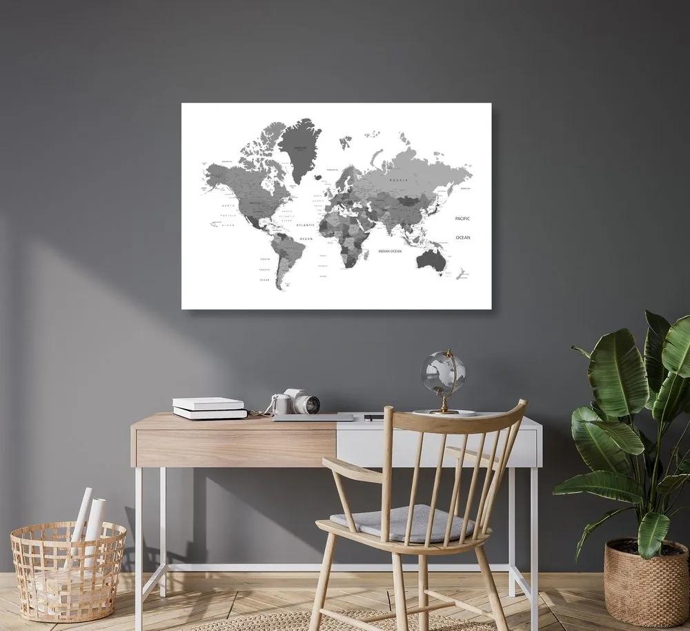 Obraz mapa sveta v čiernobielom prevedení