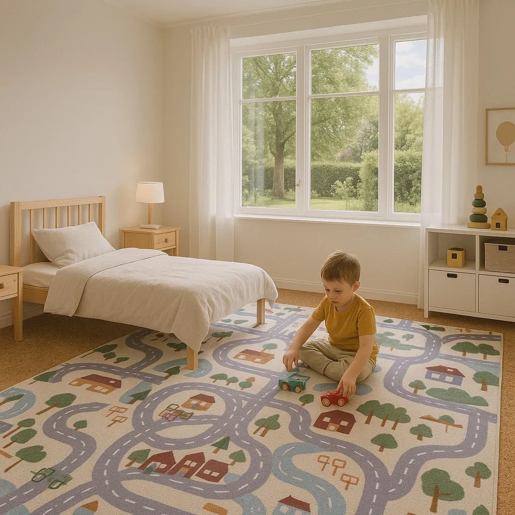 Vopi, AKCIA: 👣🛡️133x133 cm Detský kusový koberec Scanroad 39 - neúčtujeme odrezky z role - obšitý zo všetkých strán + protišmyková, šíře, viacfarebná, filc, detská izba