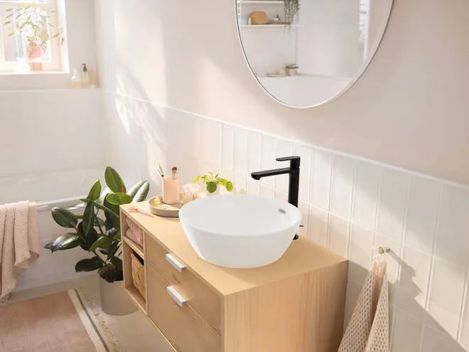Hansgrohe Rebris S, vysoká umývadlová batéria 240 s odtokovou súpravou s tiahlom, CoolStart, čierna matná, HAN-72580670