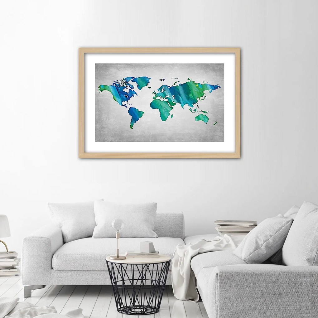 Gario Plagát Farebná mapa sveta na betóne Farba rámu: Bez rámu, Rozmery: 45 x 30 cm