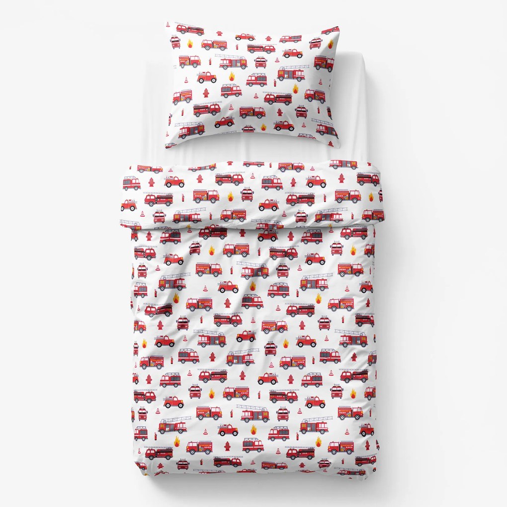 Goldea detské bavlnené obliečky - hasičské autá 150 x 200 a 50 x 60 cm