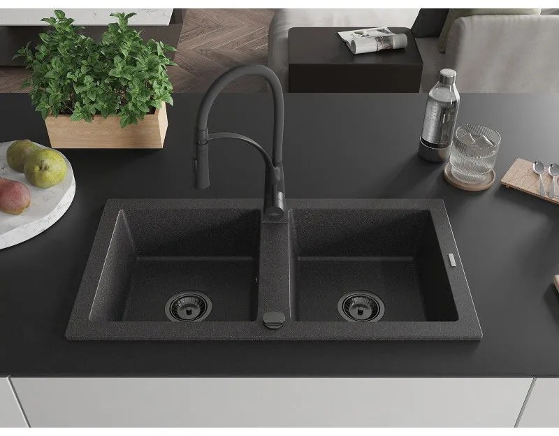 Mexen Mario, granitový drez 820x436x161 mm, 2-komorový a drezová batéria Aster, čierna škvrnitá, 6504-76-73450-70-B