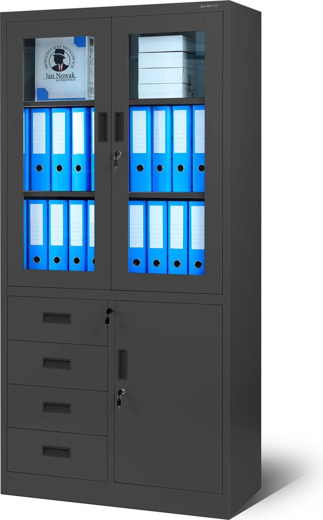 Kovová spisová skriňa s vitrínou a zásuvkami WIOLA, 900 x 1850 x 400 mm, antracitová