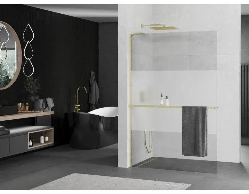 Mexen Kioto+ L, sprchová zástena Walk-In s poličkou a vešiakom 120 x 200 cm, 8mm číre sklo-námraza, zlatý matný profil, 800-120-123-55-35