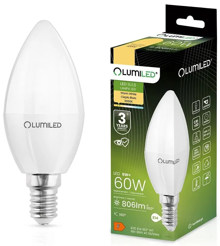 Žiarovka LED sviečka 8W E14 806LM CB 3000K