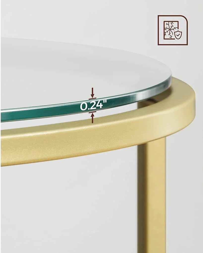 Kovový príručný stolík, sklenený okrúhly stolík, zlatá farba