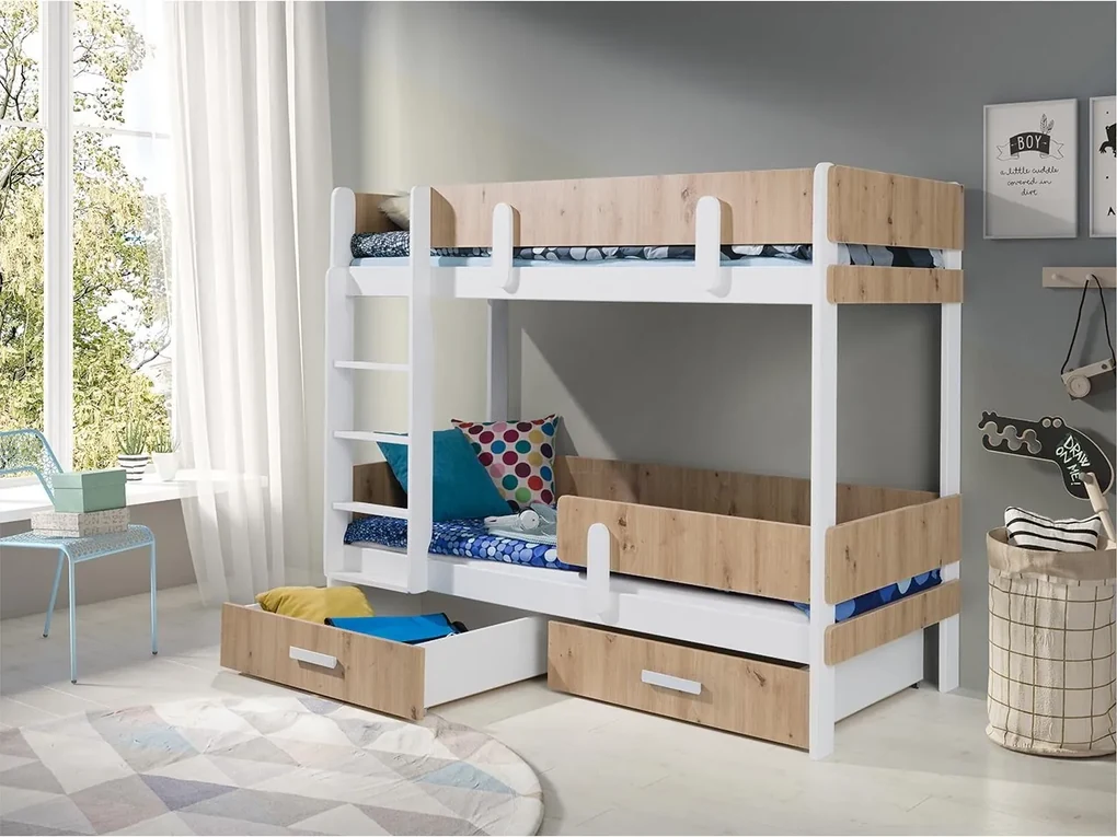 Poschodová posteľ Petenti 80, Strana: pravá, Farby:: biela/dub artisan