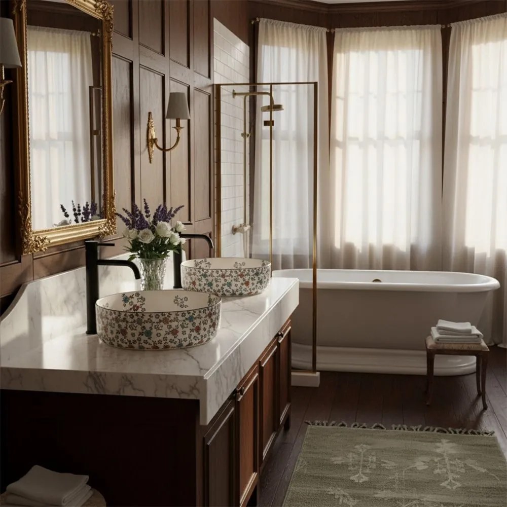 Rea Stefania Fiori, umývadlo na dosku 360x360x120 mm, biela so vzorom, REA-U9853