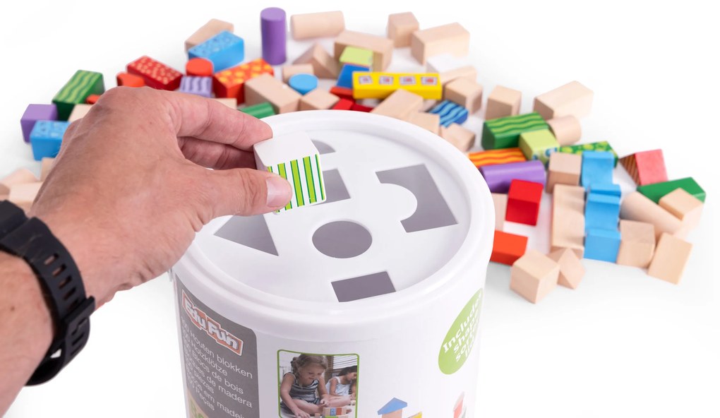 Drevené kocky vo vedierku so sorterom, 100 ks ECOTOYS 2003