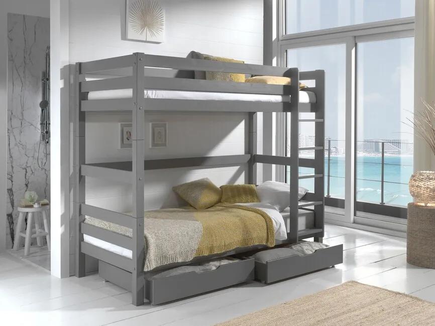 Poschodová postel z masívu s dvomi zásuvkami borovica šedá 182cm 90x200cm