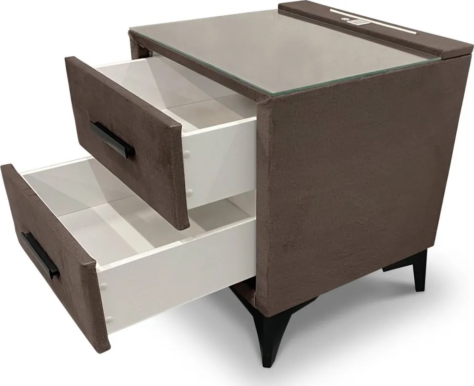 Nočný stolík Lusaka, hnedá látka, s osvetlením a USB