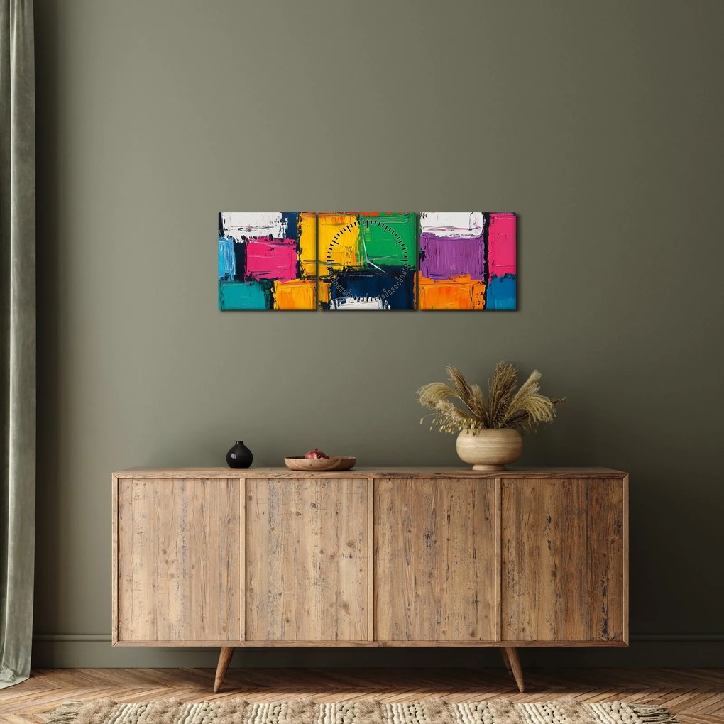 Obraz - Maľba farebných štvorcov (s hodinami) (90x30 cm)