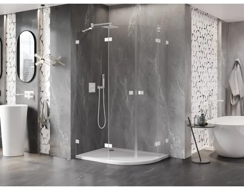 Mexen Lunar, polkruhový sprchový kút naklápací doľava 100 x 90 cm, 8mm číre sklo, biely profil, 833-100L-090P-20-00