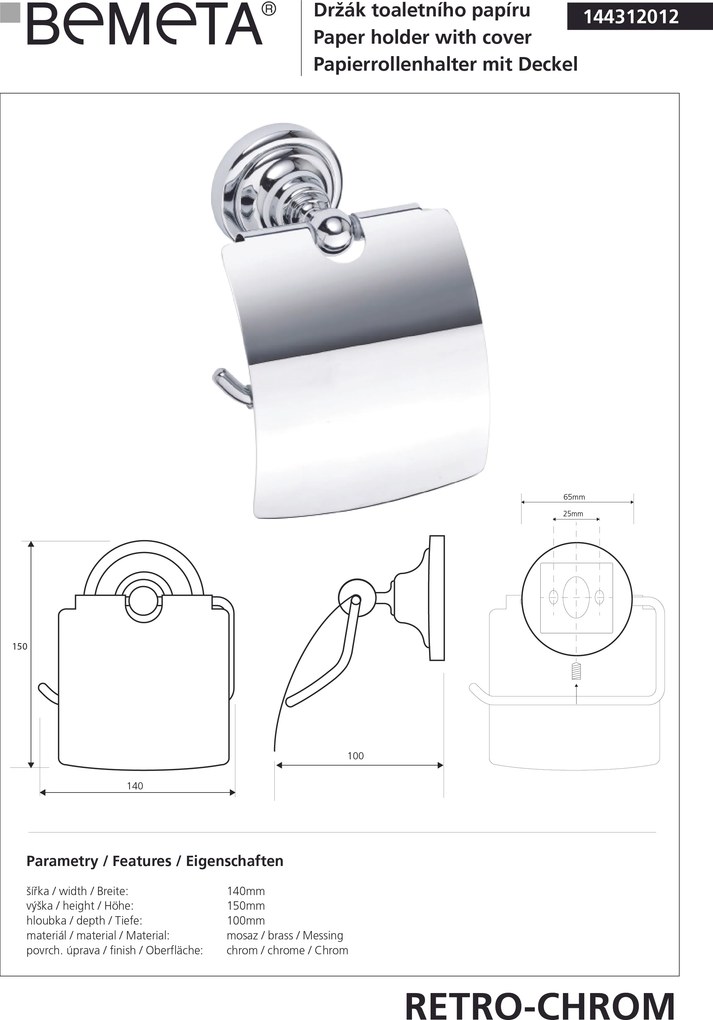 Bemeta Design RETRO chróm: Držiak toaletného papiera, s krytom - 144312012