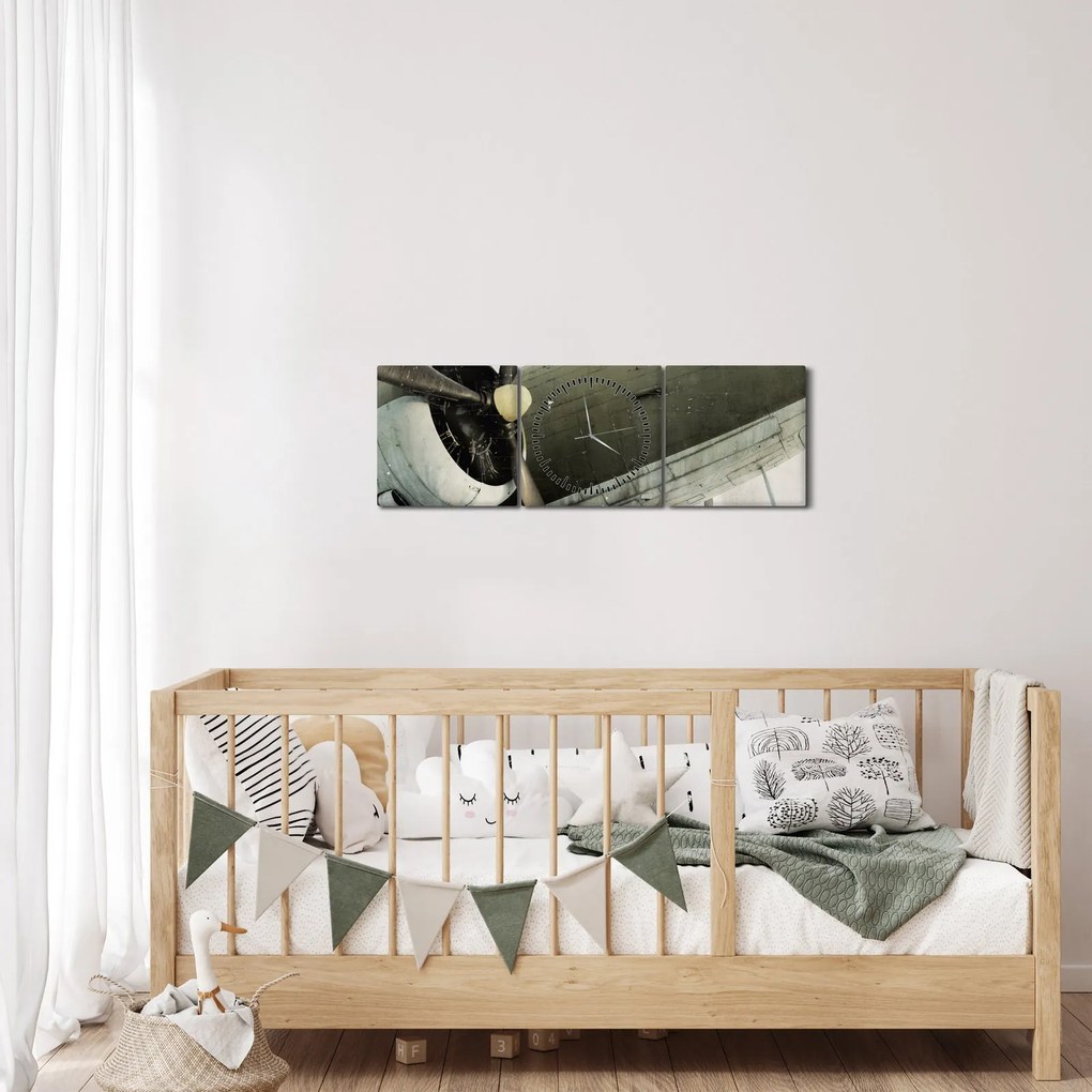 Obraz - Staré vrtuľové lietadlo (s hodinami) (90x30 cm)