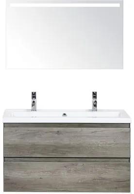 Kúpeľňový nábytkový set Evora 100 cm s keramickým umývadlom 2 otvormi na kohúty dub Nebraska a zrkadlom s LED osvetlením