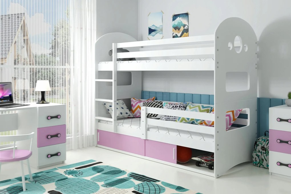 Interbeds Poschodová posteľ DOMINIK 163cmx86cm - bielo ružová