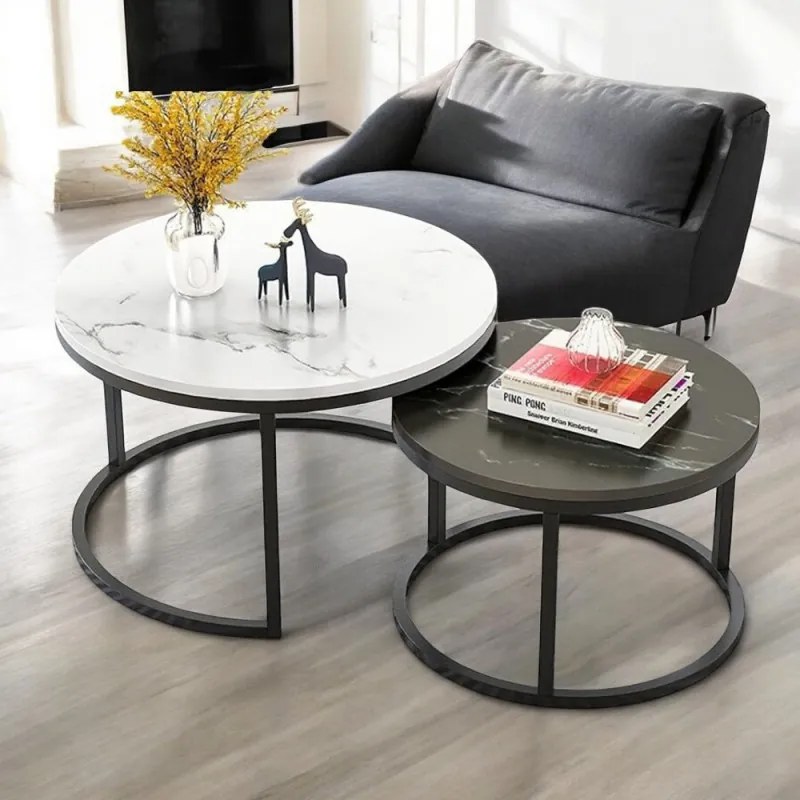 Súprava 2 okrúhlych konferenčných stolíkov – biely a čierny mramor