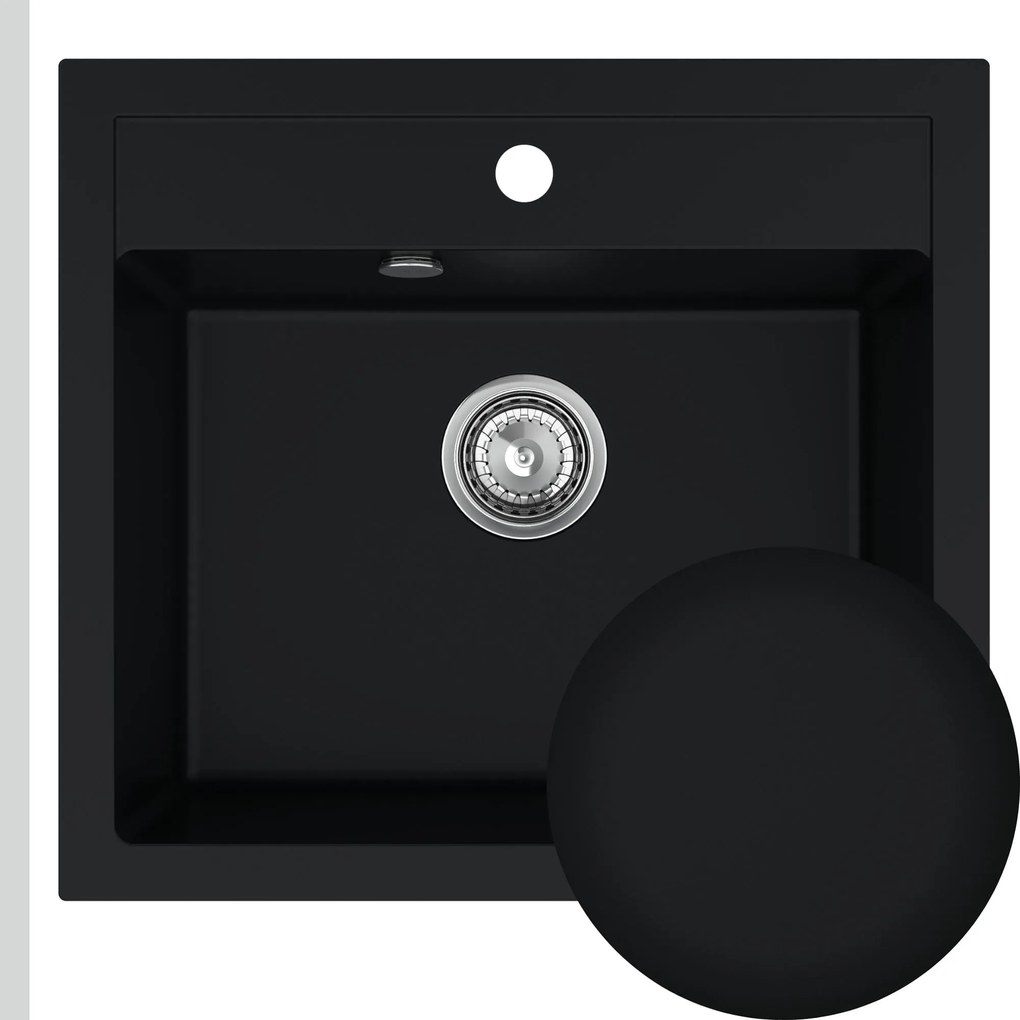 Sink Quality Ferrum, kuchynský granitový drez 565x510x205 mm + chrómový sifón, čierna, SKQ-FER.C.1K60.X