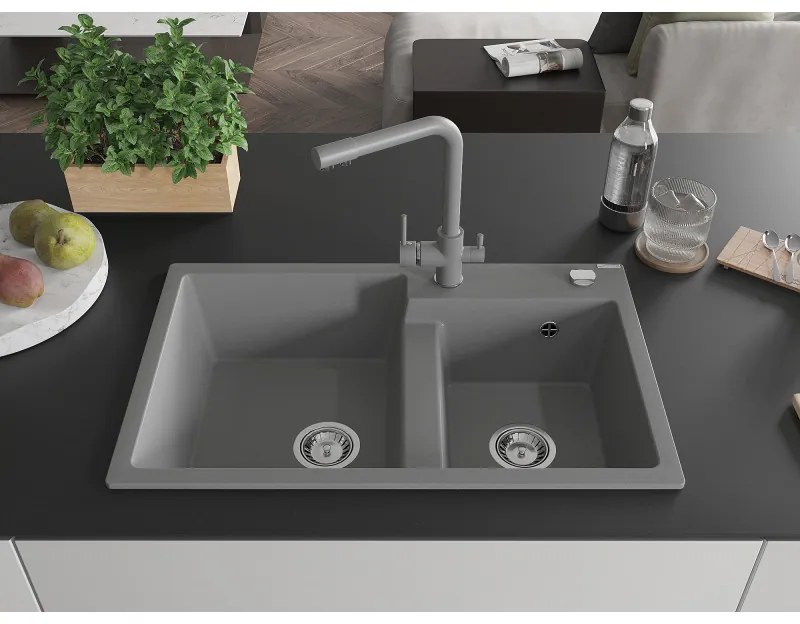 Mexen Tomas, granitový drez 800x500x190 mm, 2-komorový a šedá batéria Duero, šedá, 6516-71-671600-71