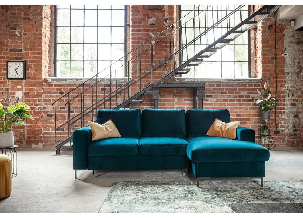 Zamatová rozkladacia rohová pohovka v petrolejovej farbe (pravý roh) Lofty Lilly – Miuform