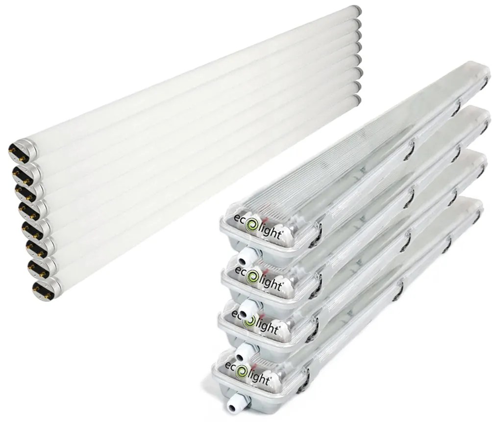 ECOLIGHT 4x Svietidlo + 8x LED trubica - G13 - 120cm - 18W - 1800lm neutrálna biela - SADA