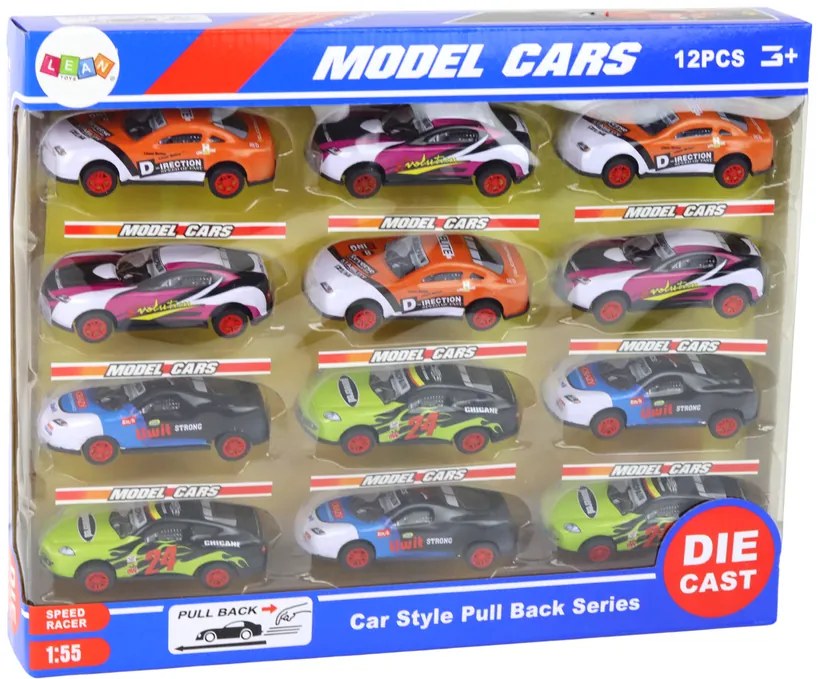LEAN TOYS Sada farebných športových áut 1:55 s trecím pohonom – 12 kusov
