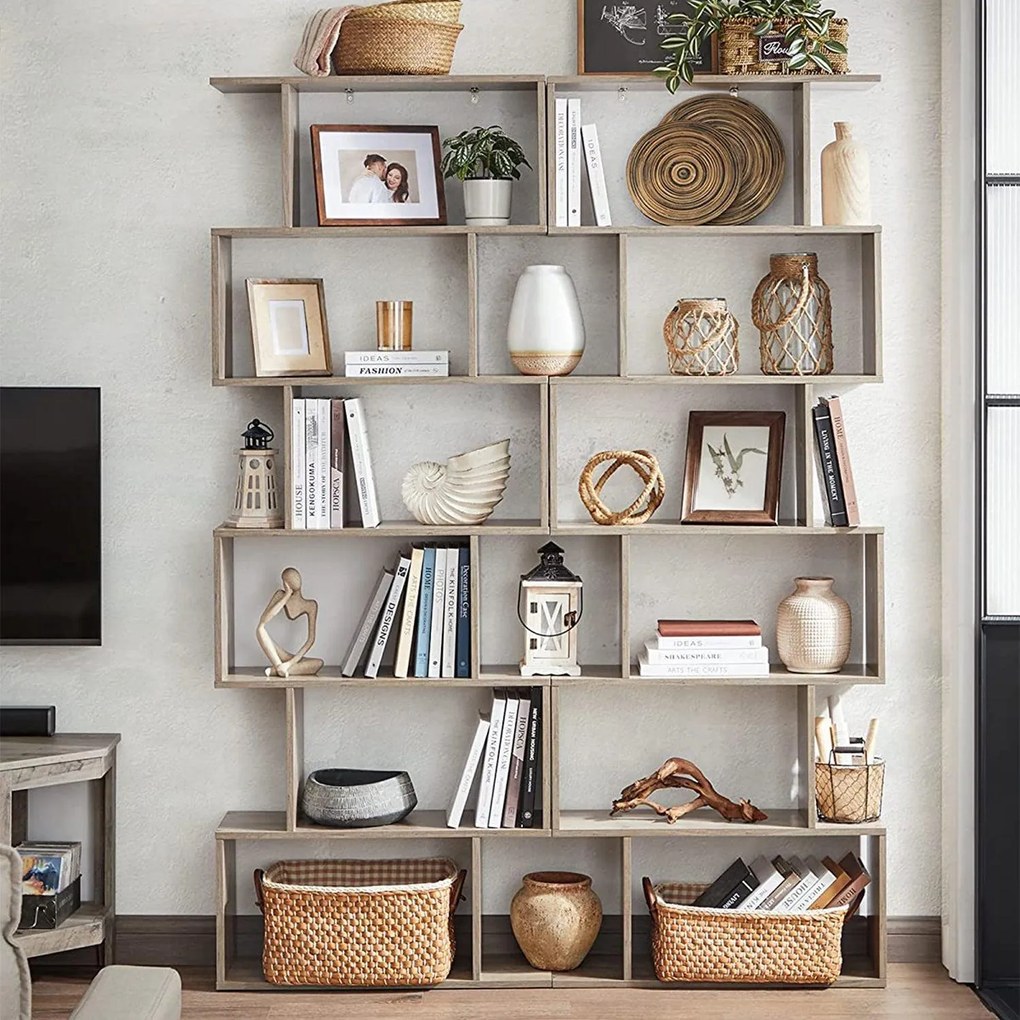 Knižnica, voľne stojaca dekoratívna polica so 6 úrovňami, greige sivá