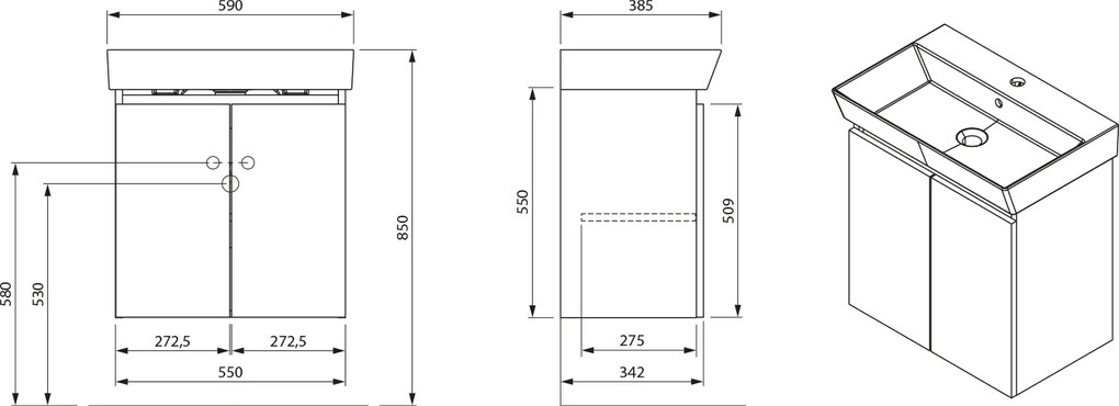 Aqualine Aqualine, PANEDA umývadlová skrinka 55x55x34,2cm, biela, PN255