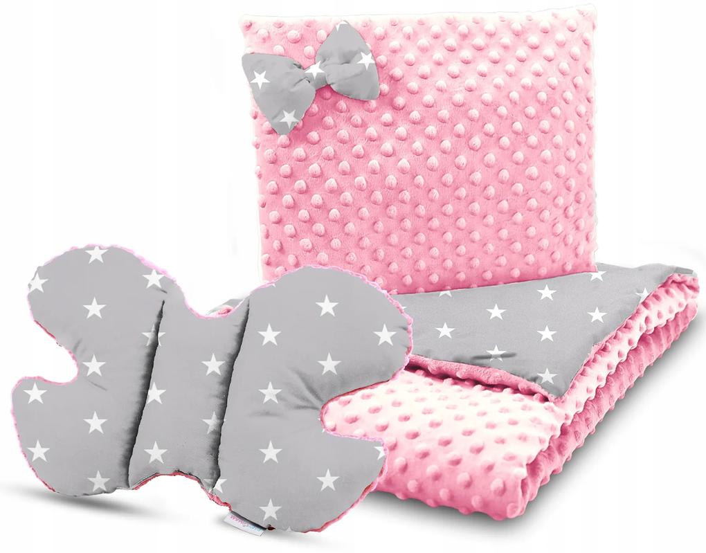 MAXMAX Detská deka do kočíka s vankúšikom a motýlikom - PREMIUM set 3v1 - Biele hviezdičky s ružovou Minky