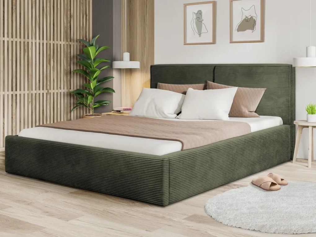 Posteľ Inez 180x200 cm, olivovo zelená štruktúrovaná látka