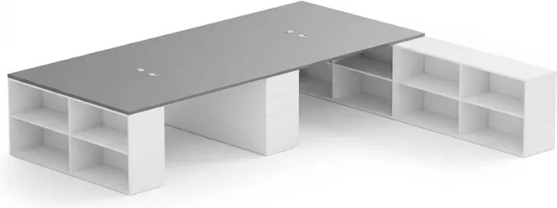 Kancelárska zostava stolov BLOCK B05, 4 miesta s úložným priestorom, 360 × 320 cm, biela/grafit