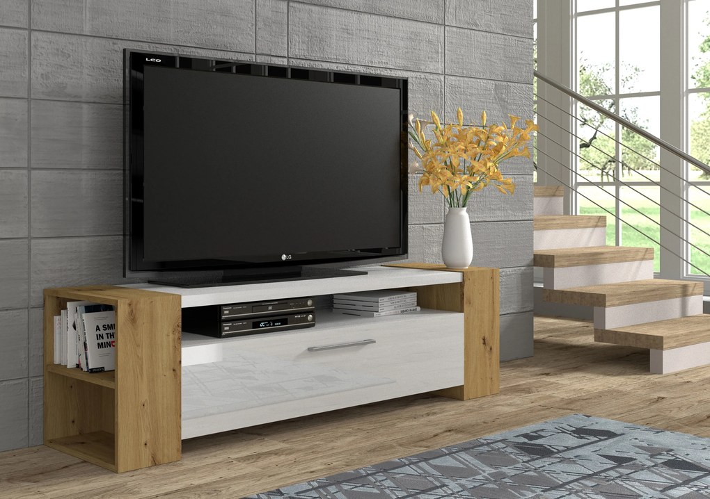 TV stolík/skrinka Liwi (dub artisan + biela lesklá). Akcia -20%. Vlastná spoľahlivá doprava až k Vám domov. 1124942
