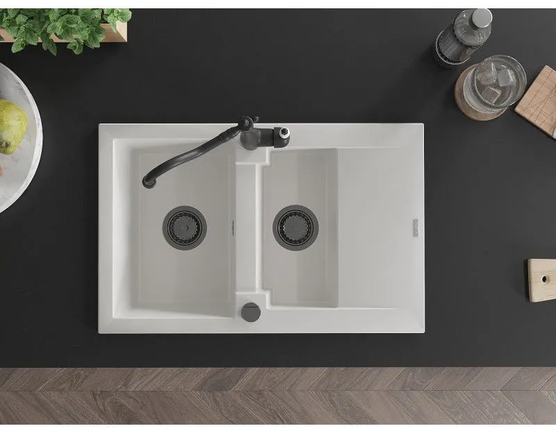 Mexen Pablo, granitový drez 752x436x161 mm, 1-komorový a drezová batéria Carla, biela, 6510-20-670700-70