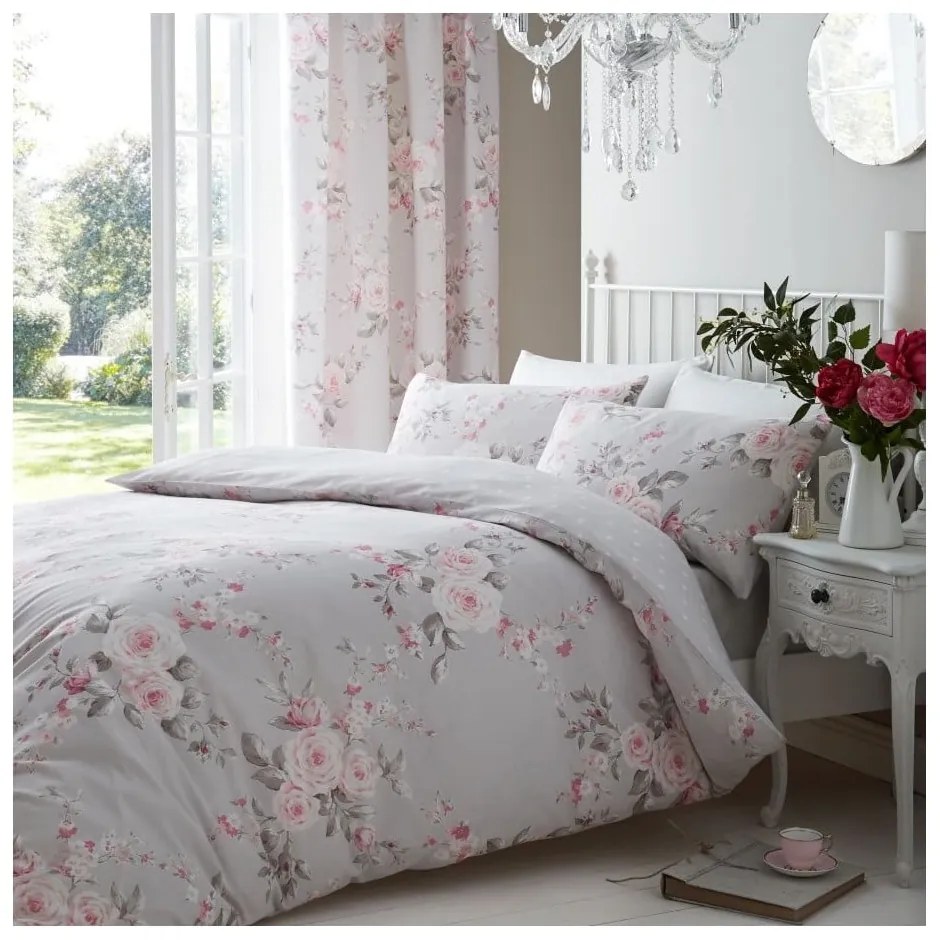Sivé obliečky Catherine Lansfield Canterbury Rose, 135 x 200 cm