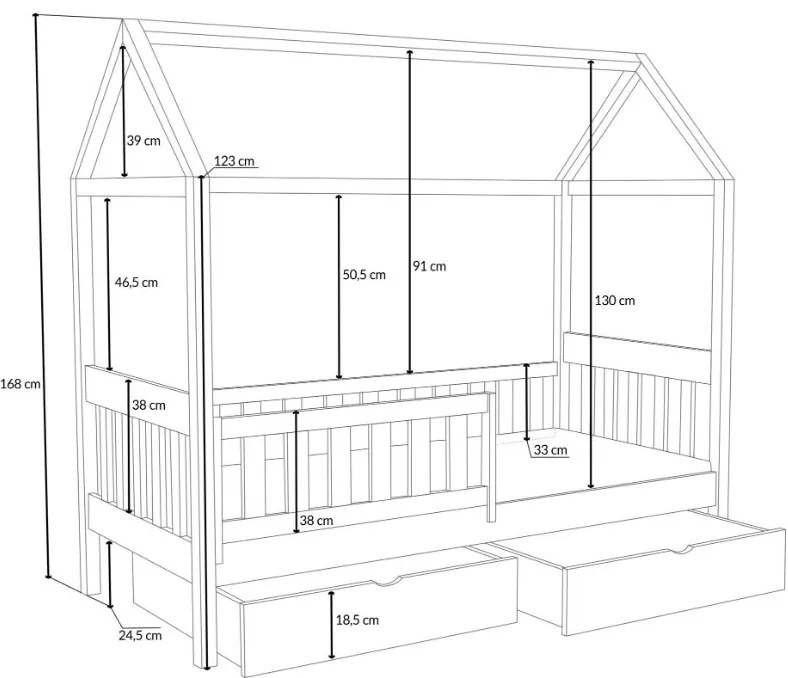 Detská domčeková posteľ z masívu borovice MAGDA so šuplíkmi - 200x90 cm - PRÍRODNÁ BOROVICA