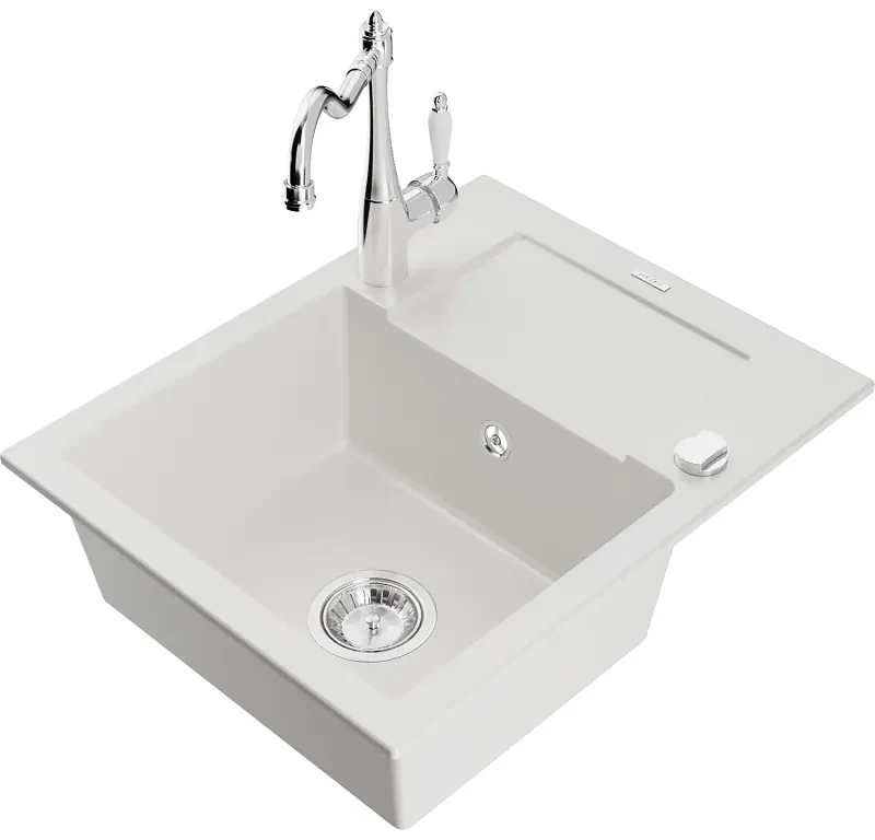 Mexen Enzo, granitový drez 576x465x174 mm, 1-komorový a drezová batéria Carla, biela, 6506-20-670700-00