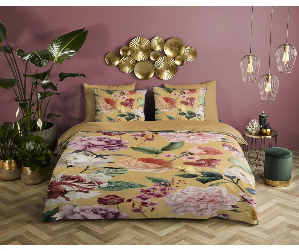 Okrovožlté obliečky na dvojlôžko/predĺžené z bavlneného saténu 240x220 cm Fiori – Descanso