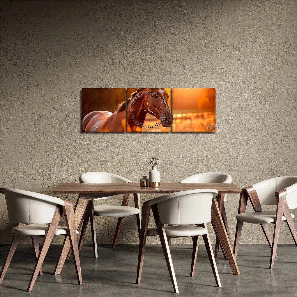 Obraz - Kôň v západe slnka (s hodinami) (90x30 cm)