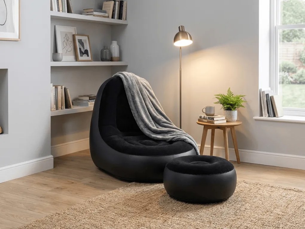 Nafukovacie kreslo s taburetom RESTIO 86x88 cm, čierne