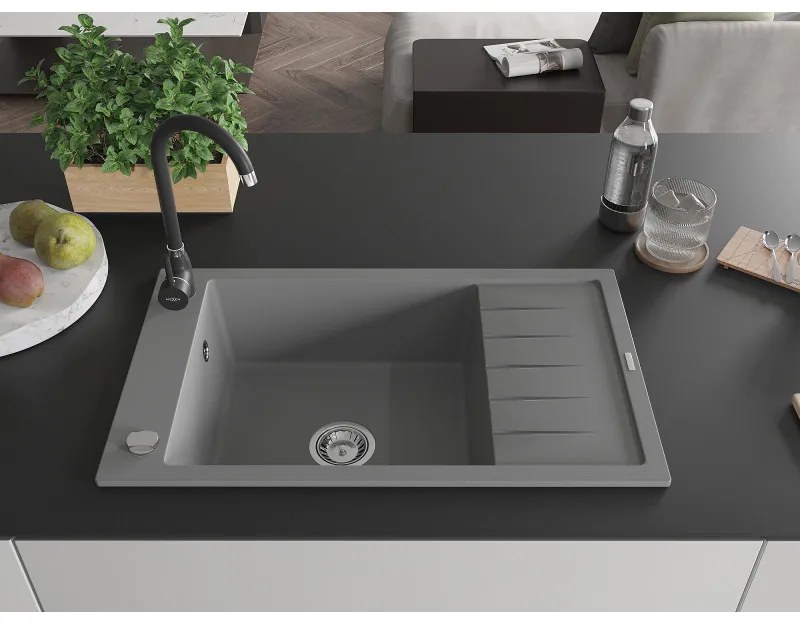 Mexen Elias, 1-komorový granitový drez s odkvapkávačom 795x480x200 mm a čierna matná kuchynská batéria Telma, šedá, 6511-71-670200-70