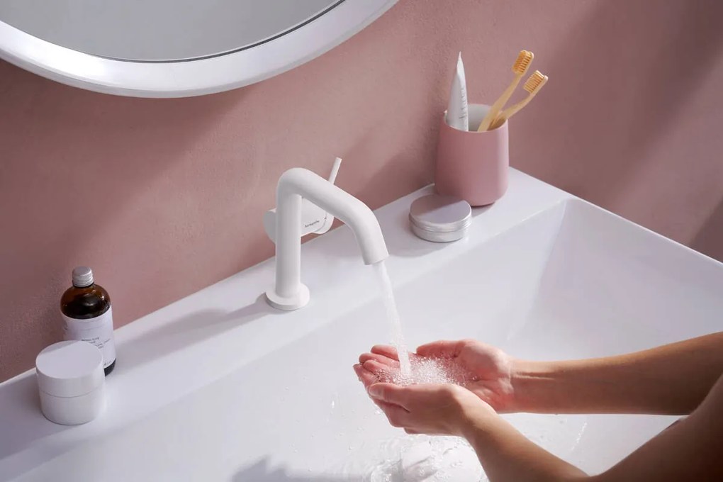 Hansgrohe Tecturis S, páková umývadlová batéria 110 Fine CoolStart EcoSmart+ s odtokovou súpravou, biela matná, HAN-73320700