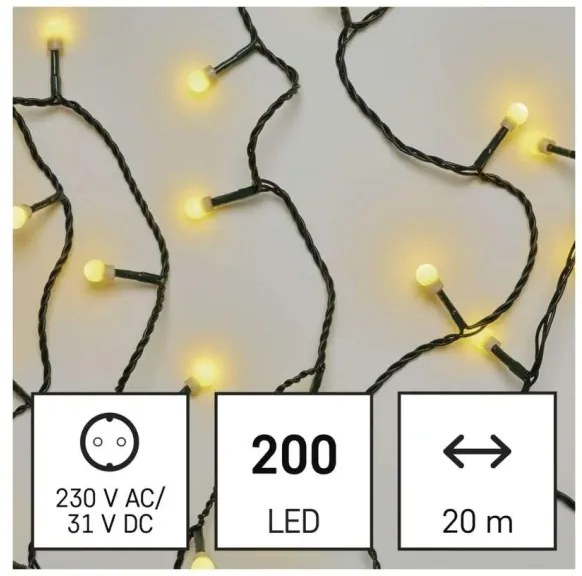 LED vianočná reťaz 200 LED / 8 funkcií, 20 m, IP44, teplá biela