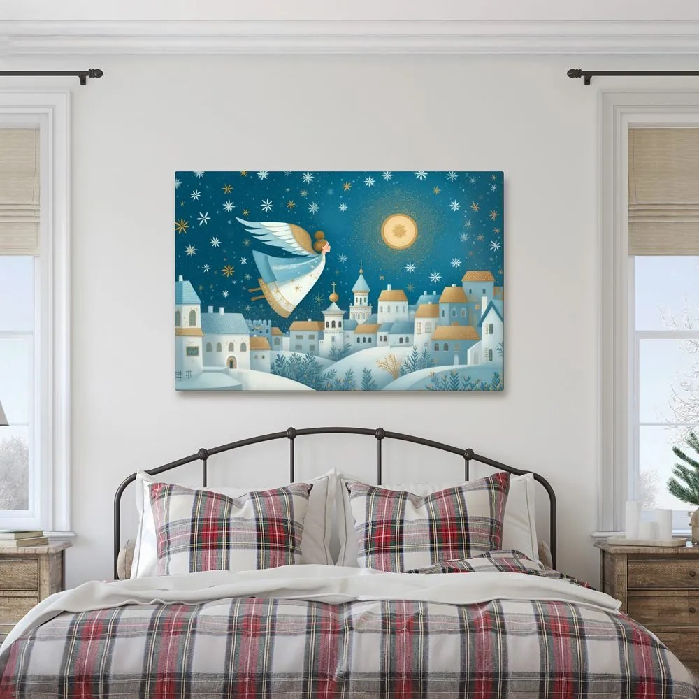 Vianočný obraz anjel nad zimnou dedinou