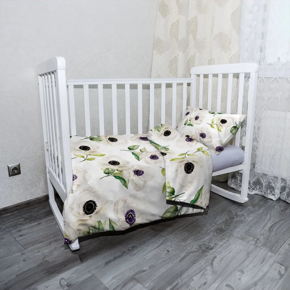 Sablio Mikroplyšové detské obliečky do postieľky Biele sasanky - 100x135 / 40x60