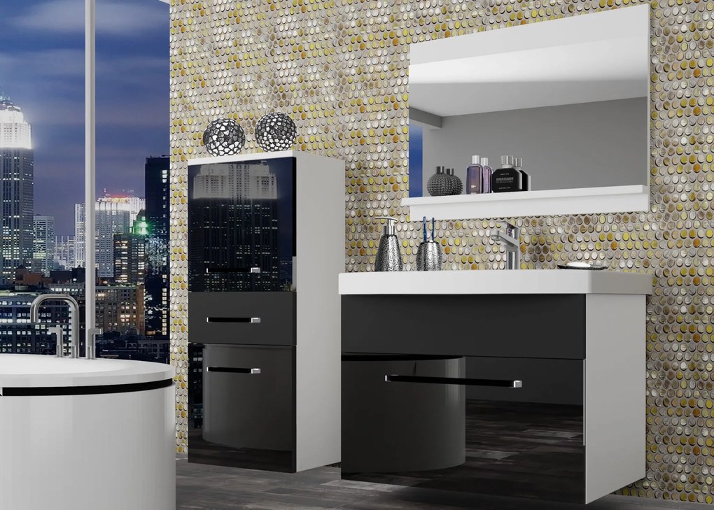 Kúpeľňový nábytok Belini čierny lesk / čierny mat + umývadlo + zrkadlo ROD PM 2/0/W/BB/0/ZW