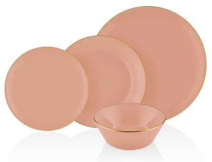 24-dielna jedálenská súprava, lososová so zlatými akcentmi, z keramiky